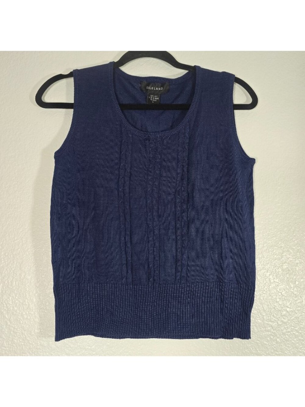 Silkland Sweater Vest Women Large Blue 100% Silk Cable Knit Sleeveless Preppy